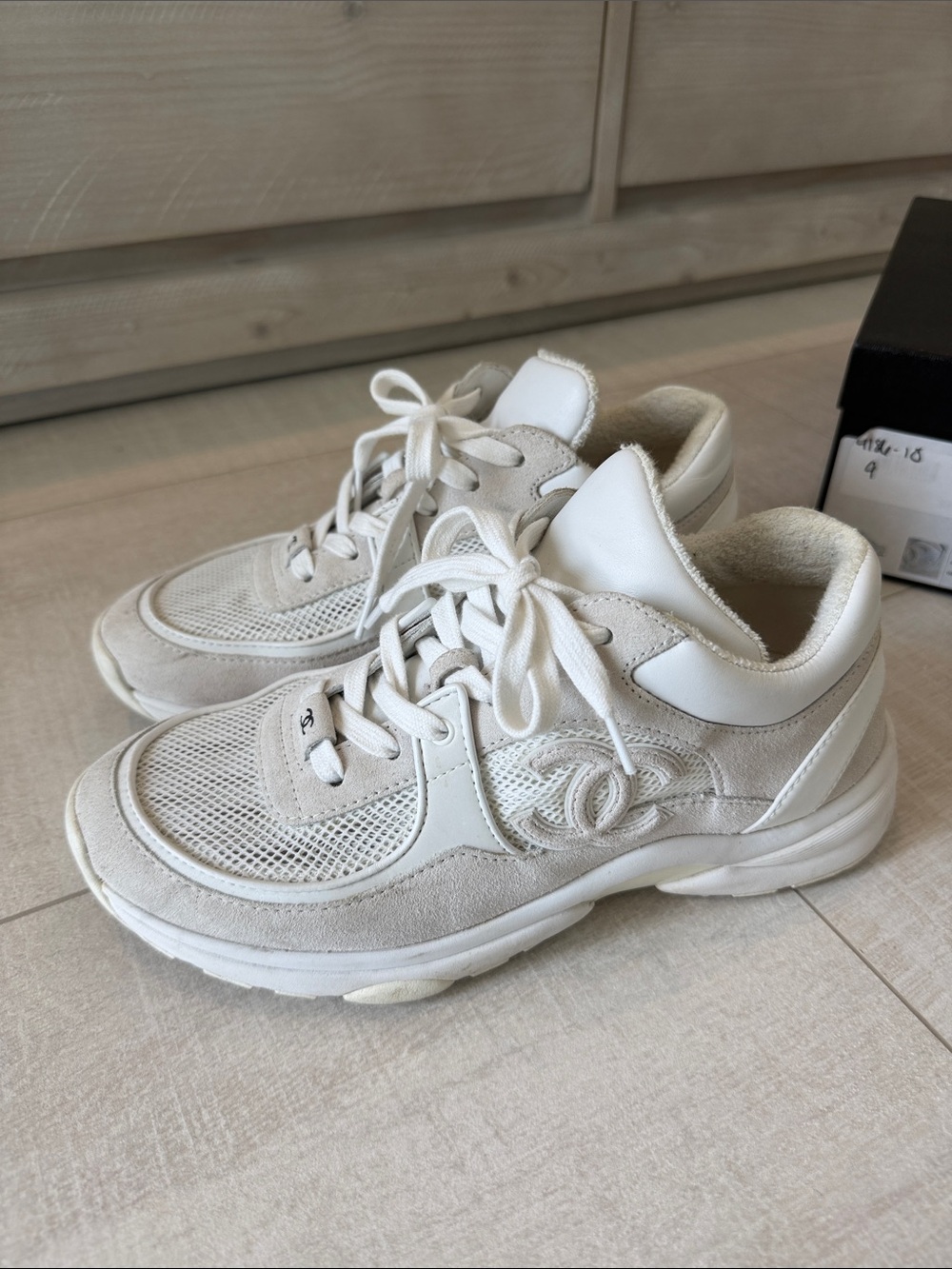CHANEL Cream & White Suede Mesh Sneakers - Women's Designer Trainers